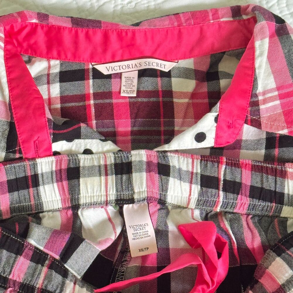 Victoria's Secret Plaid Print VS Logo Embroidered Pajamas Set Pink Black Size XS - Picture 6 of 9